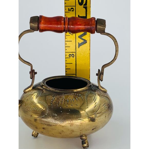 Vintage Brass Tea Kettle Teapot Etched Legs Wood Handle Mini India Missing Lid - Picture 5 of 12